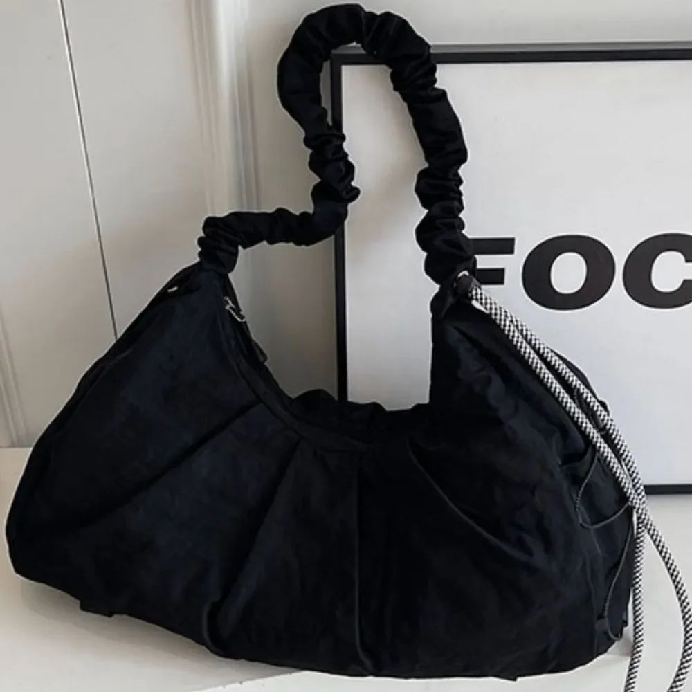 Ruched Handle Women's Pleated Boho Everyday Hobo Bag In Black